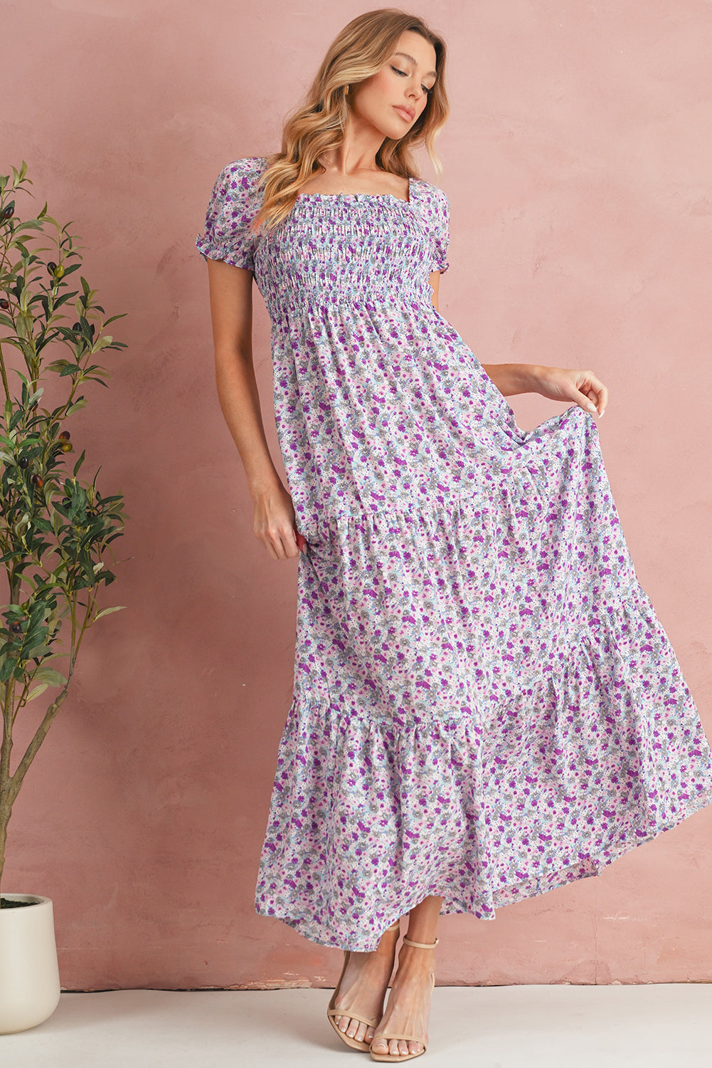 Green Floral Short Bubble Sleeve Shirred High Waist Maxi Dress