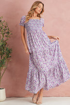 Green Floral Short Bubble Sleeve Shirred High Waist Maxi Dress