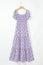 Green Floral Short Bubble Sleeve Shirred High Waist Maxi Dress