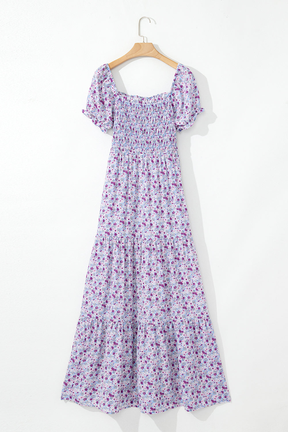 Green Floral Short Bubble Sleeve Shirred High Waist Maxi Dress