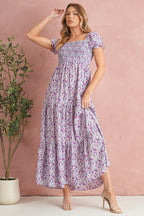 Green Floral Short Bubble Sleeve Shirred High Waist Maxi Dress