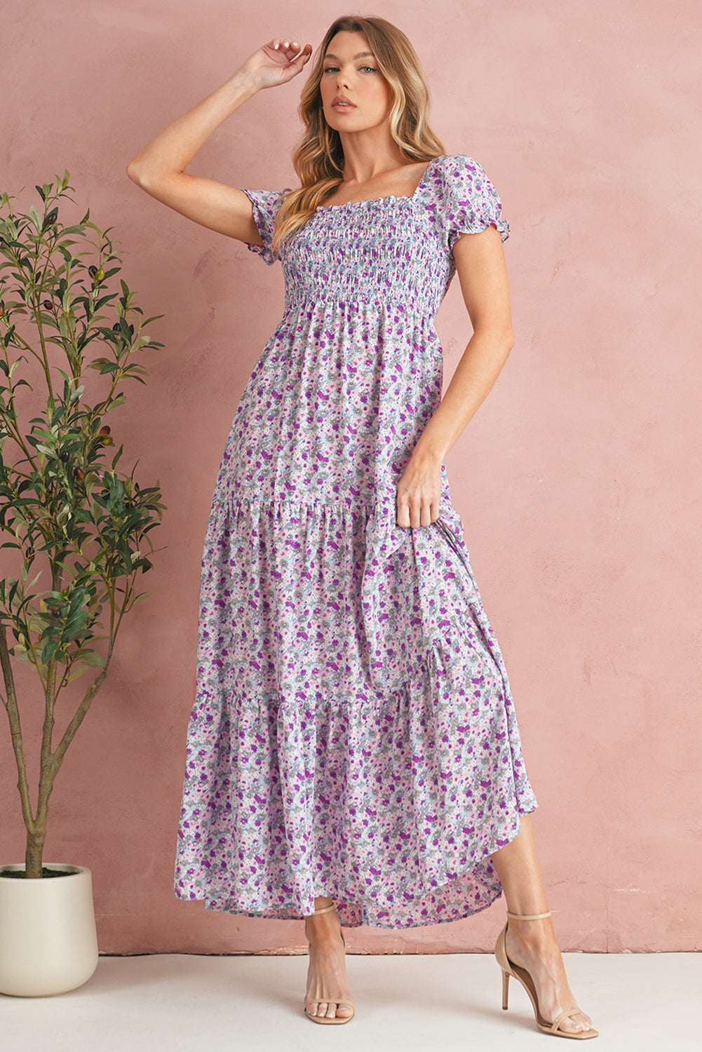 Green Floral Short Bubble Sleeve Shirred High Waist Maxi Dress