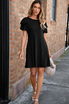 Black Solid Color Round Neck Double Ruffle Short Sleeve Dress