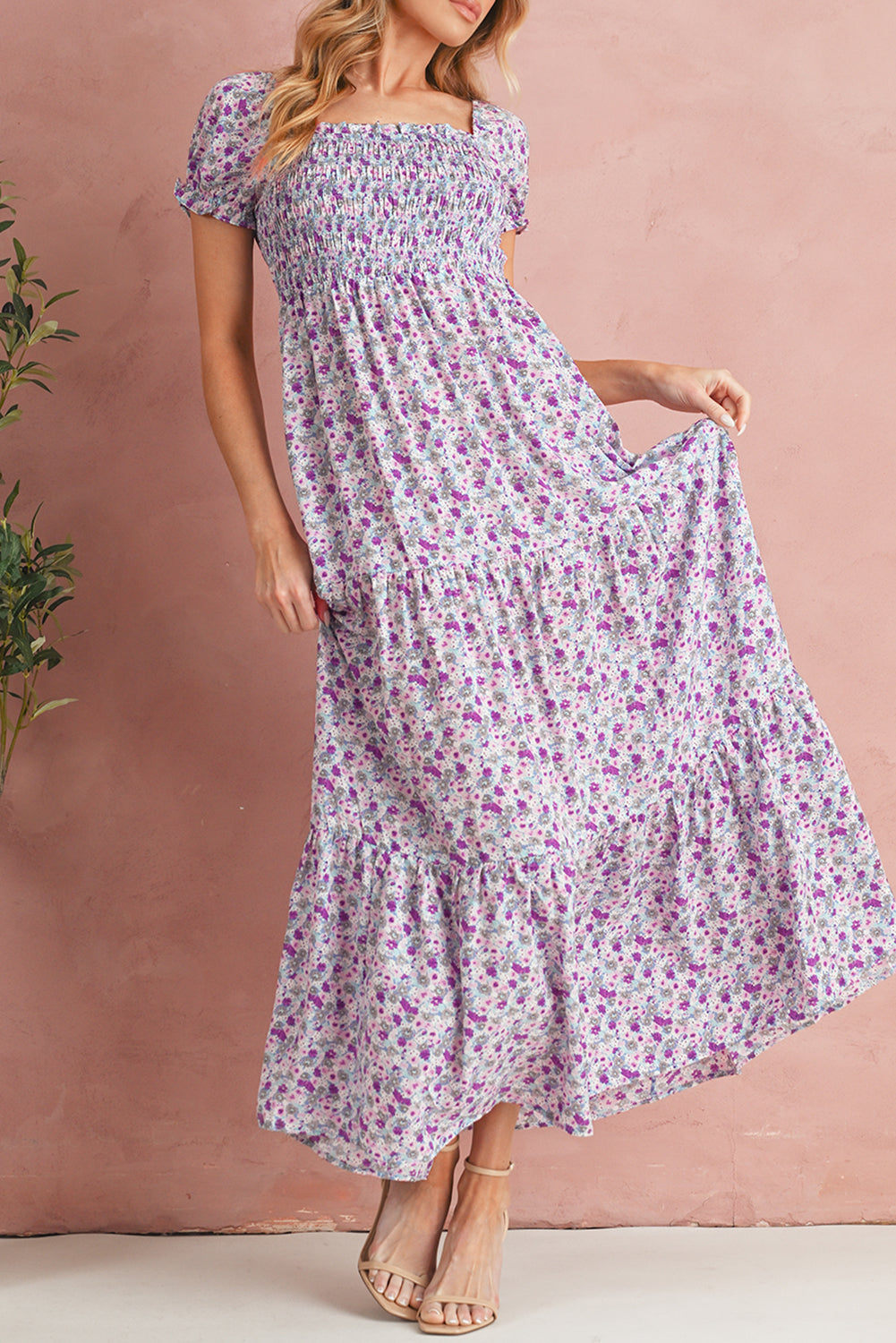 Green Floral Short Bubble Sleeve Shirred High Waist Maxi Dress