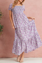 Green Floral Short Bubble Sleeve Shirred High Waist Maxi Dress