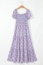 Green Floral Short Bubble Sleeve Shirred High Waist Maxi Dress