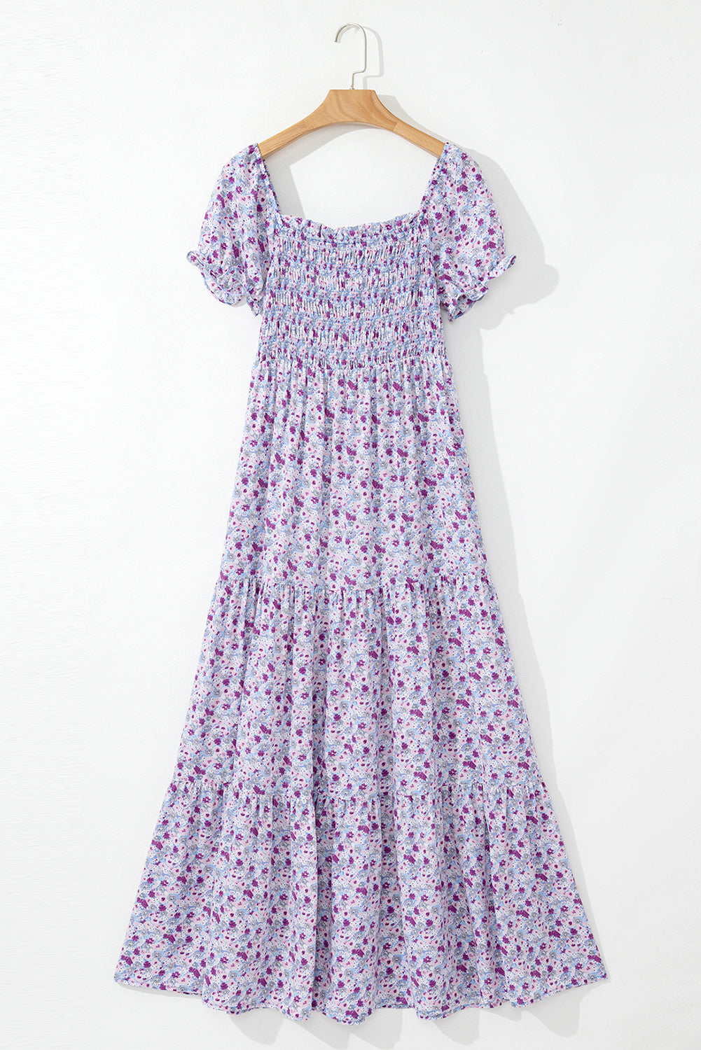 Green Floral Short Bubble Sleeve Shirred High Waist Maxi Dress