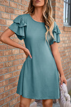 Black Solid Color Round Neck Double Ruffle Short Sleeve Dress
