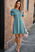 Black Solid Color Round Neck Double Ruffle Short Sleeve Dress