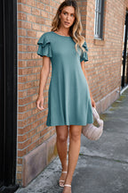 Black Solid Color Round Neck Double Ruffle Short Sleeve Dress