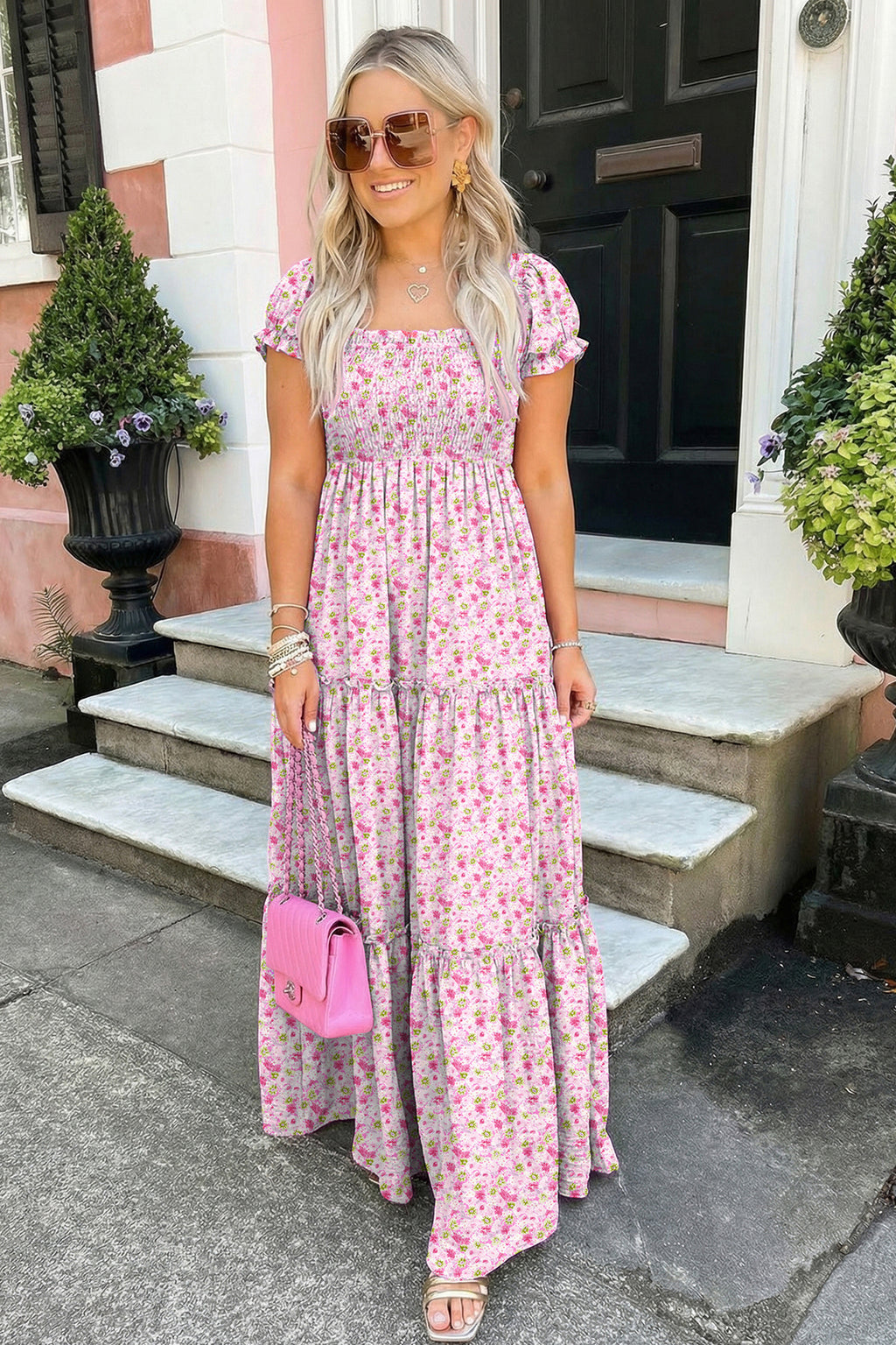 Green Floral Short Bubble Sleeve Shirred High Waist Maxi Dress
