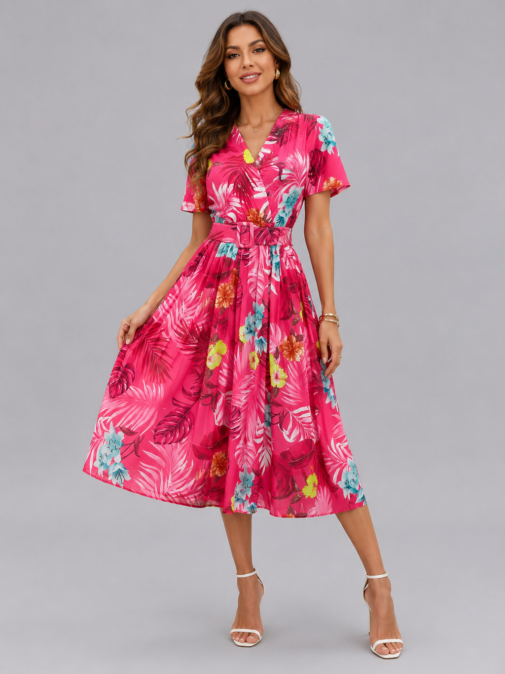 Pleated Tropical Print Belted Midi Dress