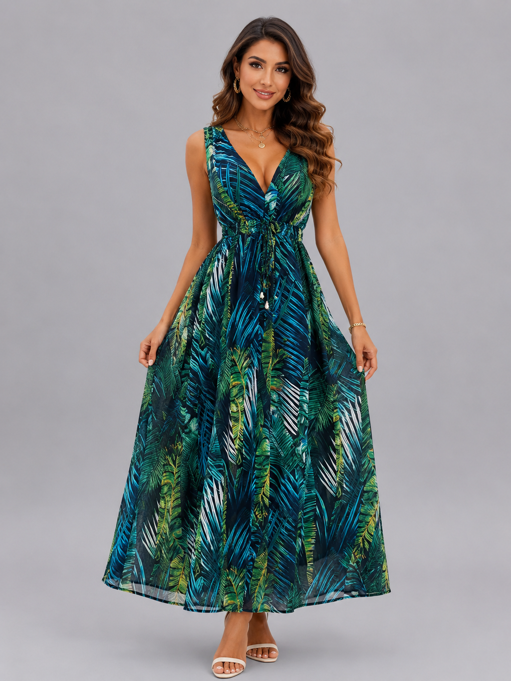 Leaf Print Sleeveless Maxi Dress