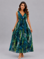 Leaf Print Sleeveless Maxi Dress