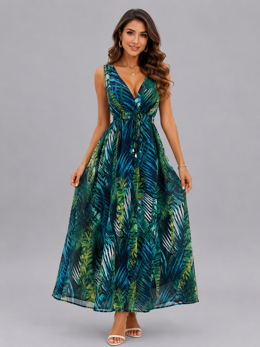 Leaf Print Sleeveless Maxi Dress