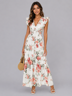 Floral Print Ruffle Sleeve Tiered Maxi Dress