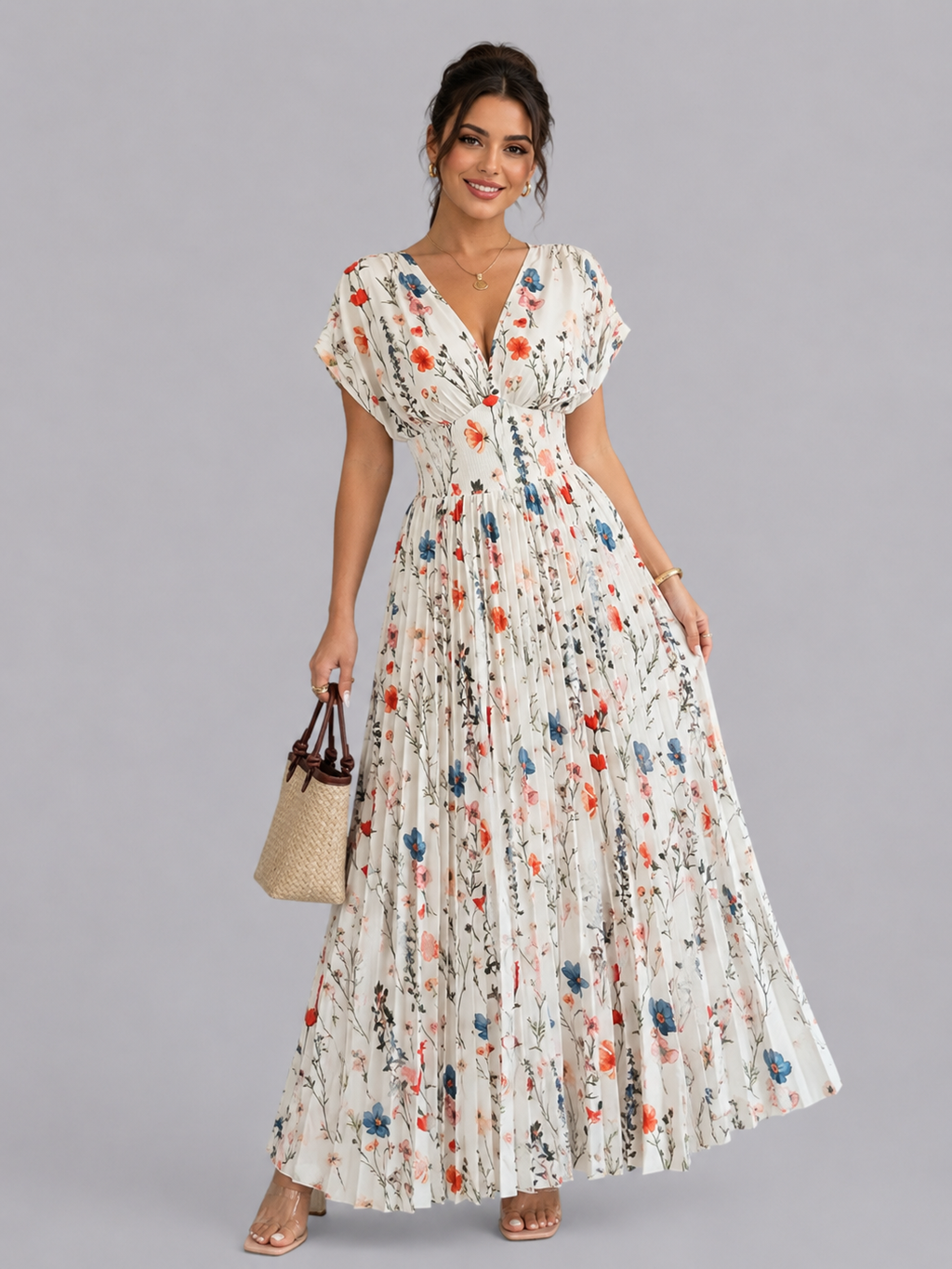 Floral Print Pleated Maxi Dress