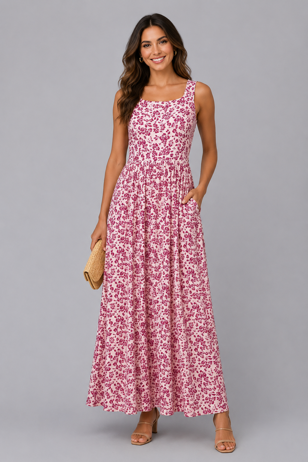 Floral Cutout Back Square Neck Maxi Dress