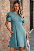 Black Solid Color Round Neck Double Ruffle Short Sleeve Dress