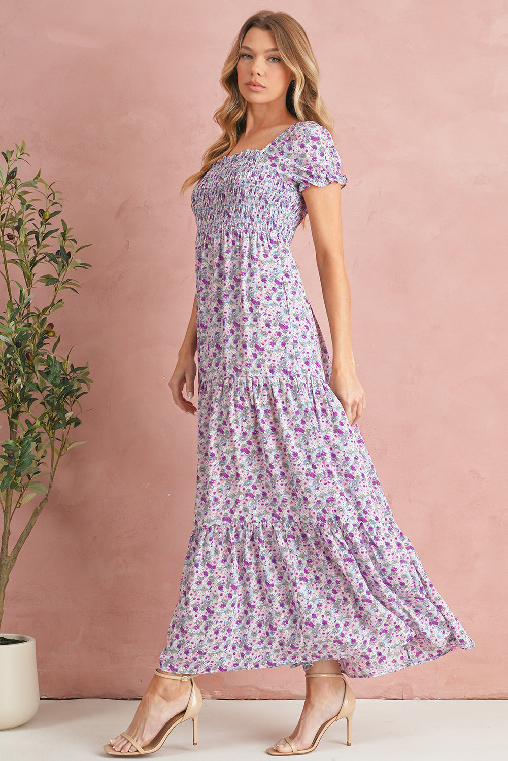 Green Floral Short Bubble Sleeve Shirred High Waist Maxi Dress