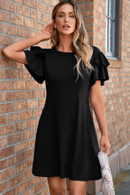 Black Solid Color Round Neck Double Ruffle Short Sleeve Dress