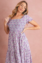 Green Floral Short Bubble Sleeve Shirred High Waist Maxi Dress