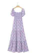 Green Floral Short Bubble Sleeve Shirred High Waist Maxi Dress