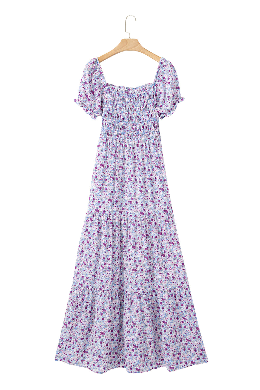 Green Floral Short Bubble Sleeve Shirred High Waist Maxi Dress